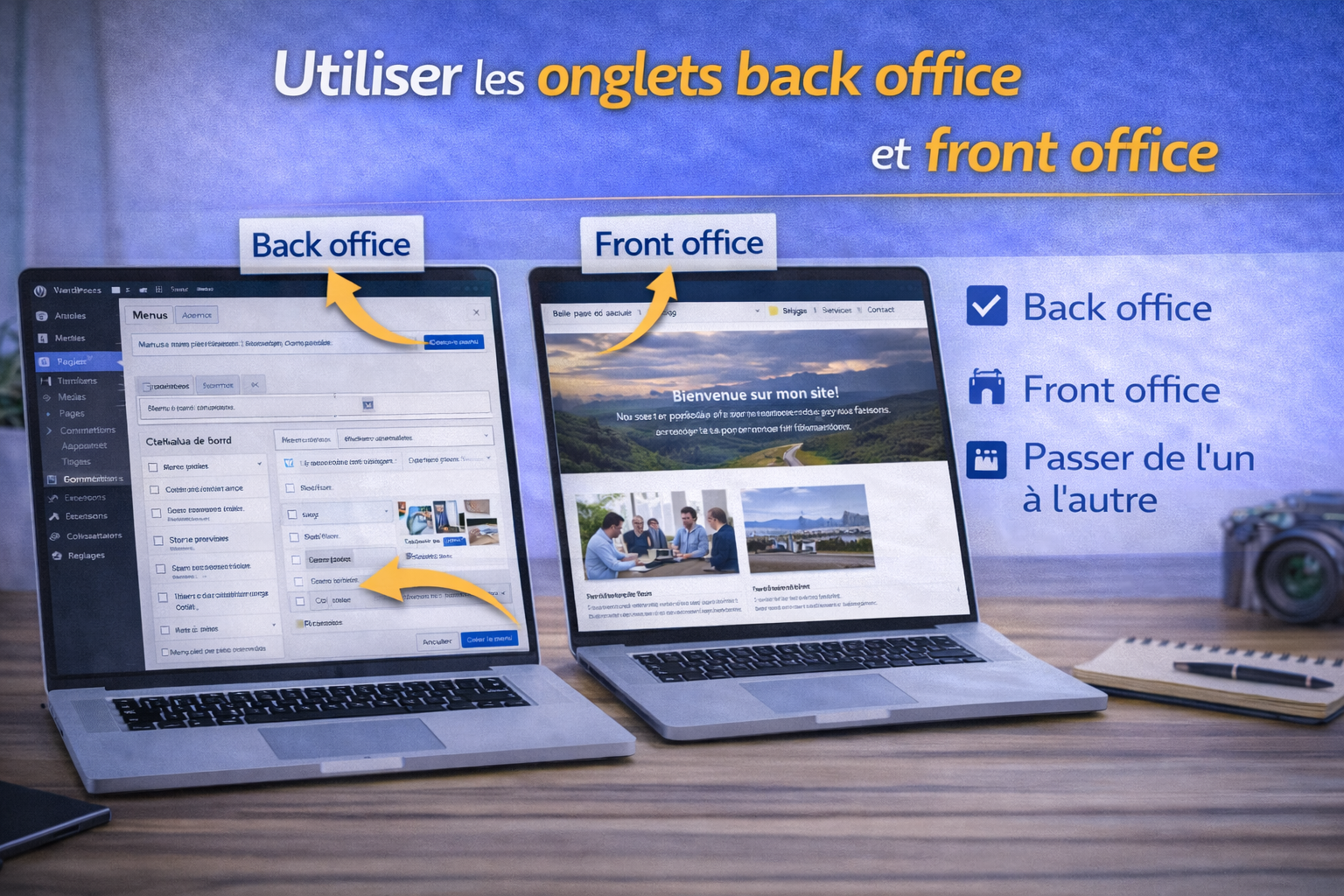 Utiliser les onglets back office et front office