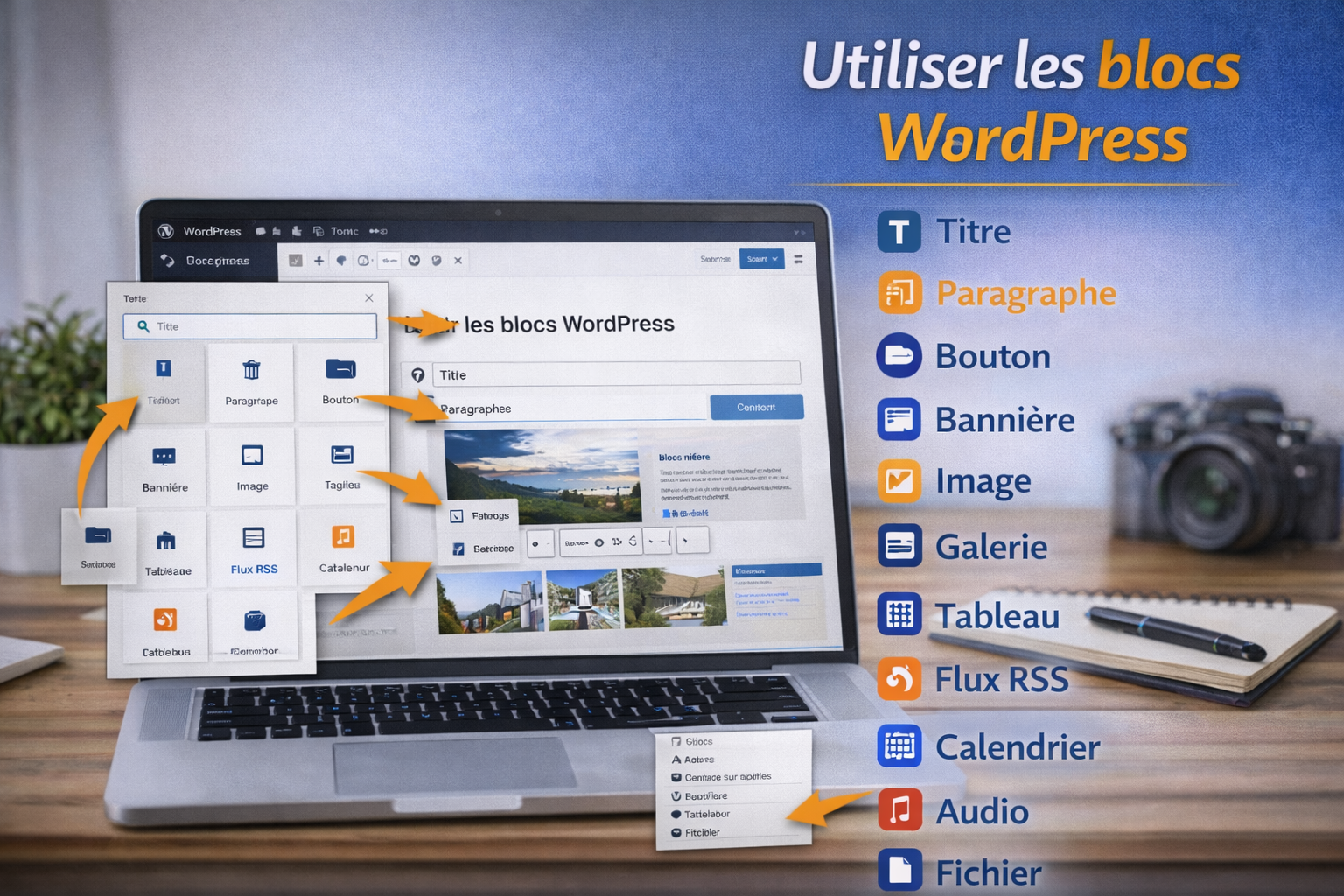 Utiliser les blocs : titre, paragraphe, bouton, bannière, image, galerie, tableau, flux RSS, calendrier, audio, fichier