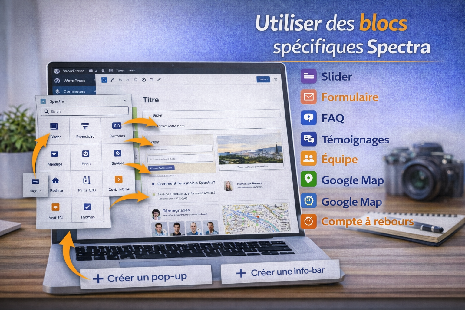 Utiliser des blocs spécifiques Spectra (slider, formulaire, FAQ, témoignages, équipe, Google Map, compte à rebours)