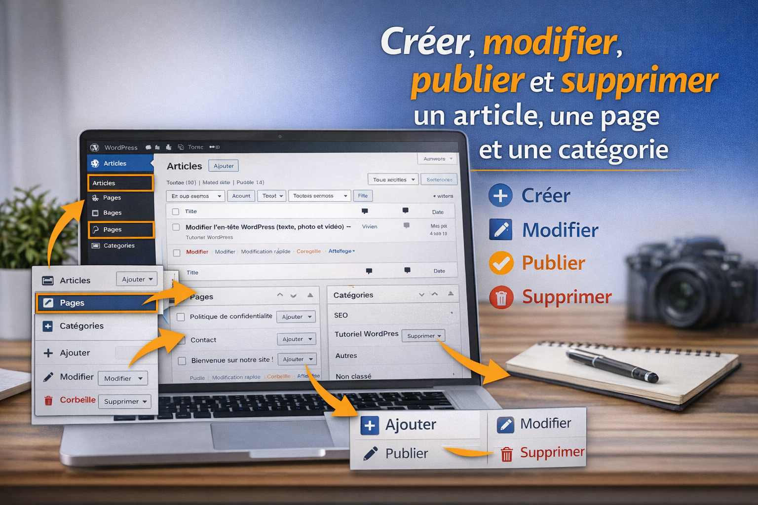 Créer, modifier, publier et supprimer un article, une page et une catégorie