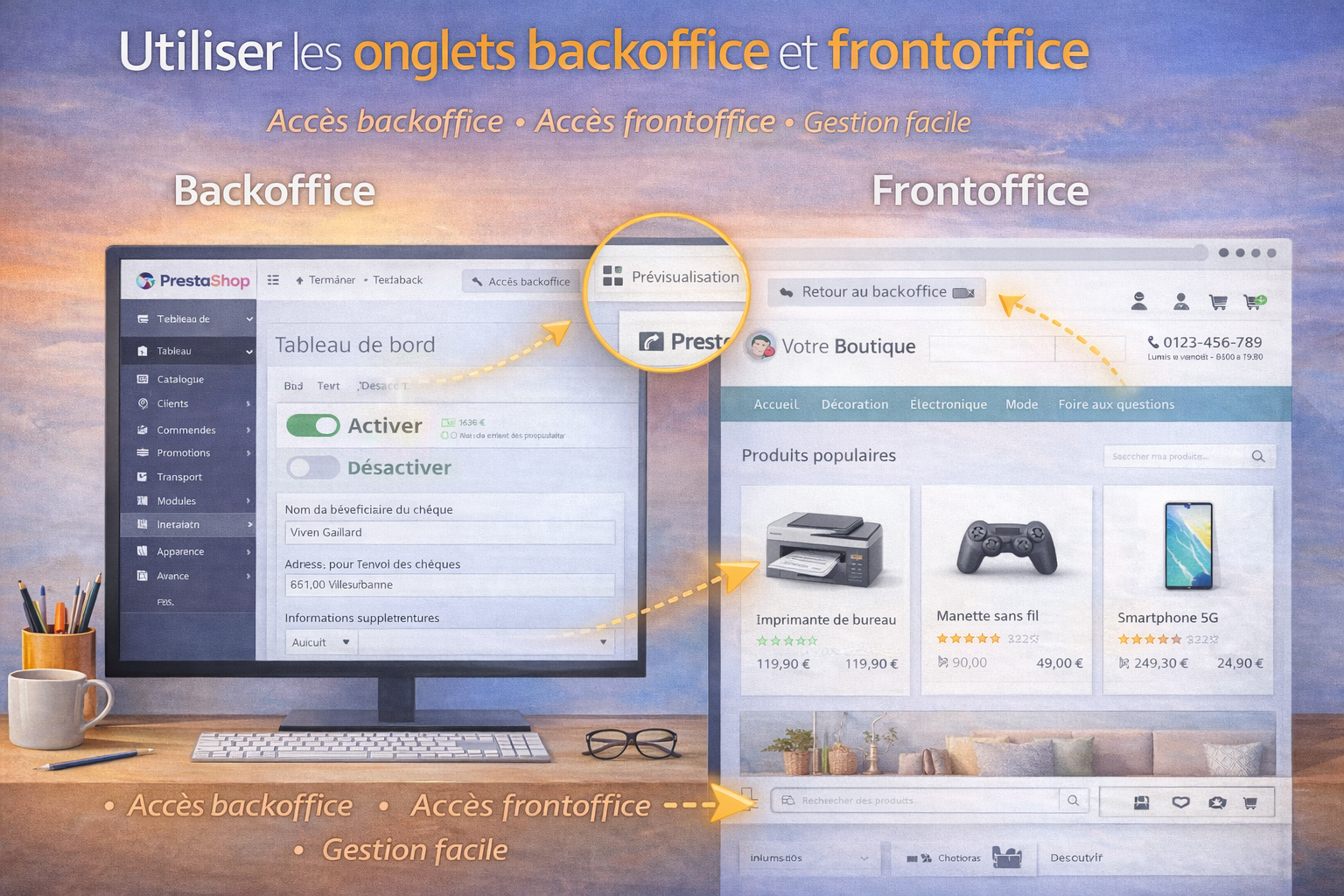 Utiliser les onglets back office et front office