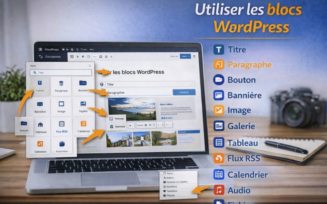 Utiliser les blocs de l’éditeur WordPress : titre, paragraphe, bouton, bannière, image, galerie, tableau, flux RSS, calendrier, audio, fichier