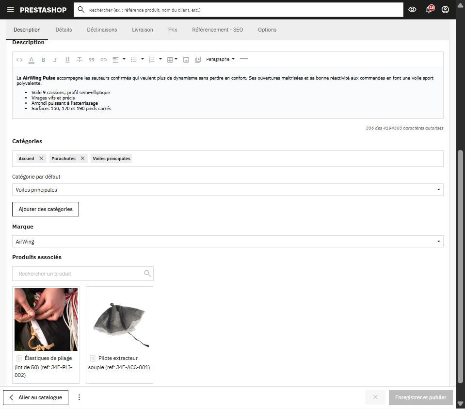 Fiche produit PrestaShop 9 : catégories, catégorie par défaut, marque et produits associés