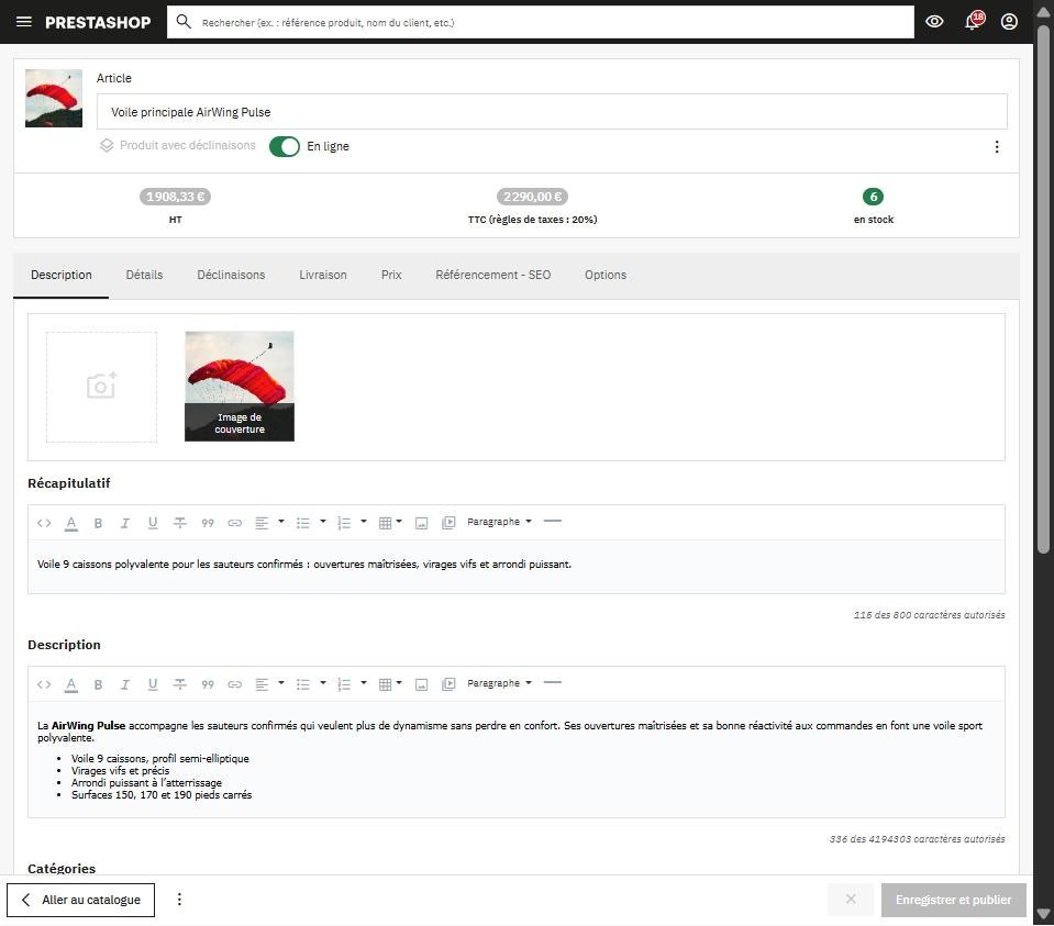 Fiche produit PrestaShop 9 et ses onglets