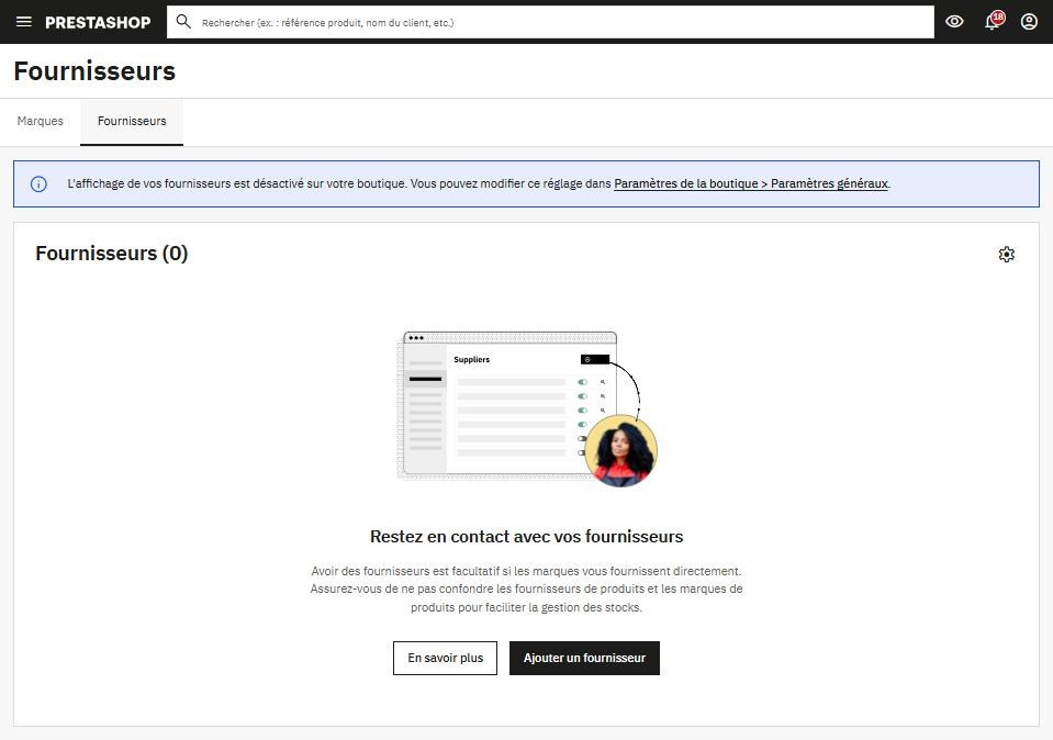Onglet Fournisseurs de PrestaShop 9 : message indiquant que l’affichage des fournisseurs est désactivé et bouton Ajouter un fournisseur