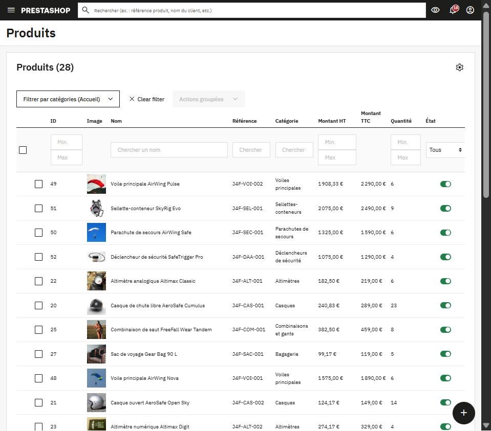Liste des produits dans le back office PrestaShop 9 (Catalogue > Produits), boutique d’entraînement Jump4Fun