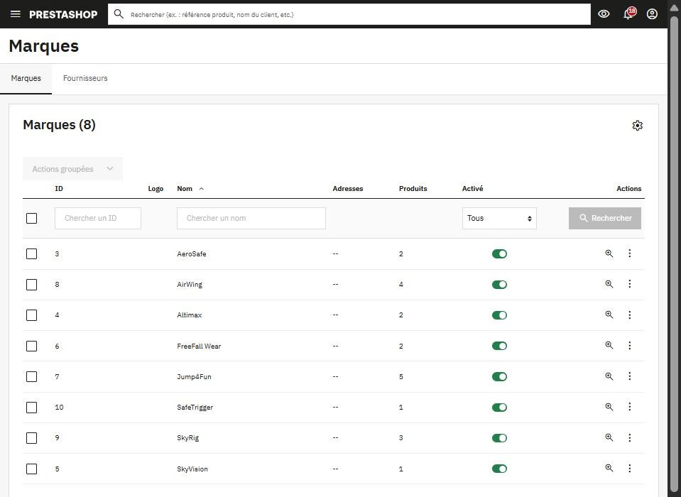 Liste des marques dans PrestaShop 9 (Catalogue > Marques et fournisseurs) avec le nombre de produits par marque