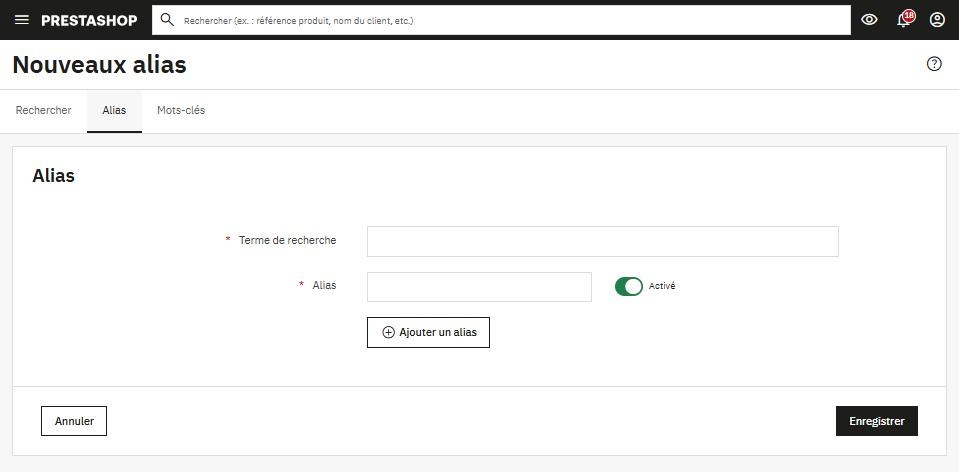 Formulaire Nouveaux alias dans PrestaShop 9 : terme de recherche et alias à associer pour la recherche interne