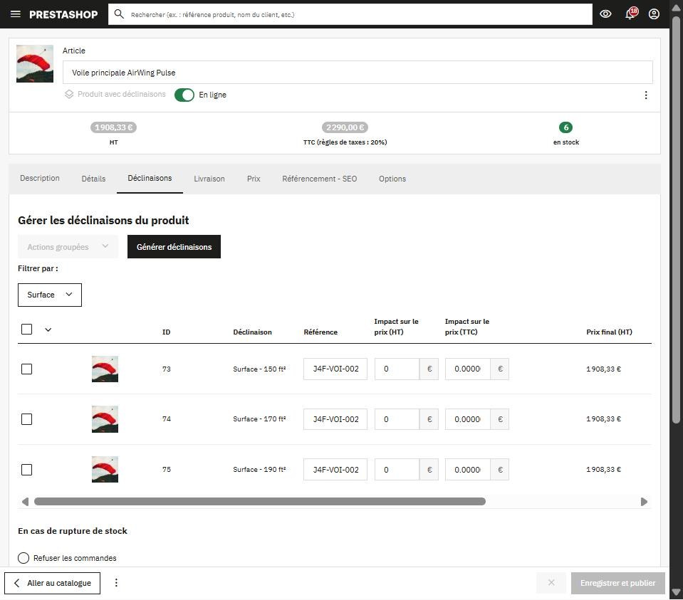 Onglet Déclinaisons d’un produit dans PrestaShop 9 : bouton Générer déclinaisons, impact sur le prix HT et TTC, comportement en cas de rupture de stock