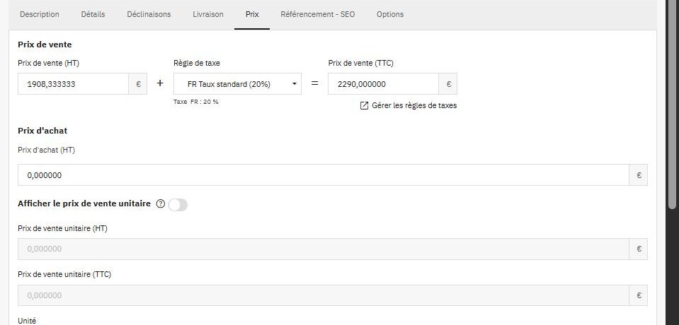 Onglet Prix d’un produit PrestaShop 9 : prix de vente HT, règle de taxe FR taux standard 20 % et prix de vente TTC calculé