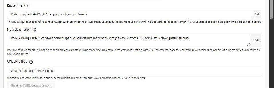Onglet Référencement - SEO d’une fiche produit PrestaShop 9 : balise titre, meta description et URL simplifiée