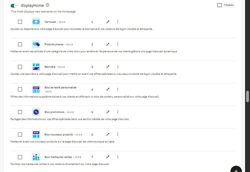 Positions des modules dans PrestaShop 9 : ordre des 7 modules accrochés au hook displayHome de la page d’accueil