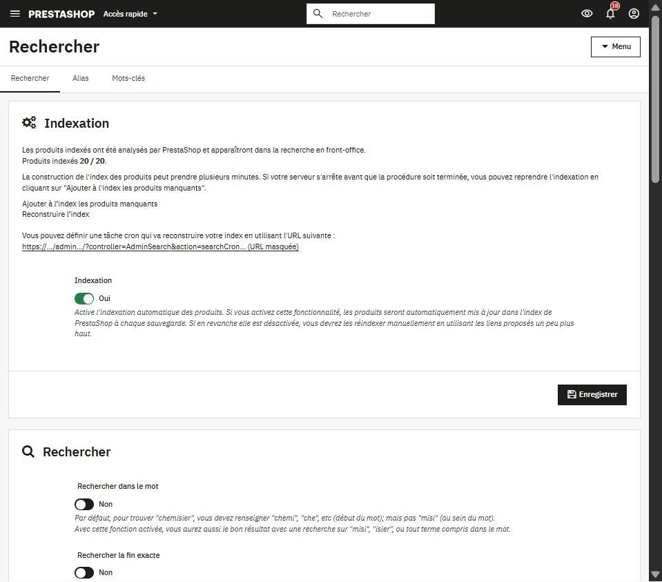 Paramètres de recherche PrestaShop 9 : indexation des produits (20/20), onglets Alias et Mots-clés, options de recherche