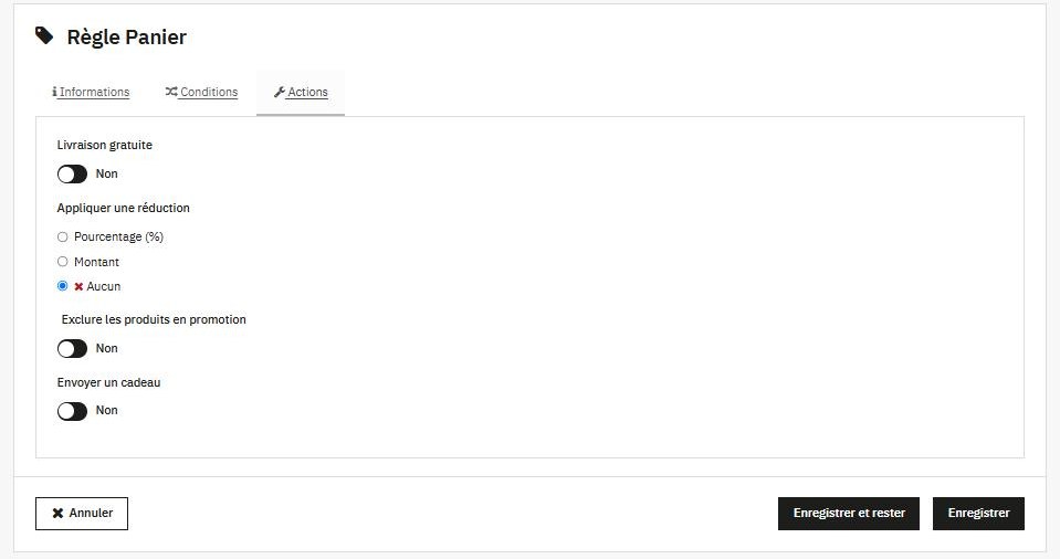 Onglet Actions d’une règle panier PrestaShop 9 : livraison gratuite, réduction en pourcentage ou en montant, cadeau