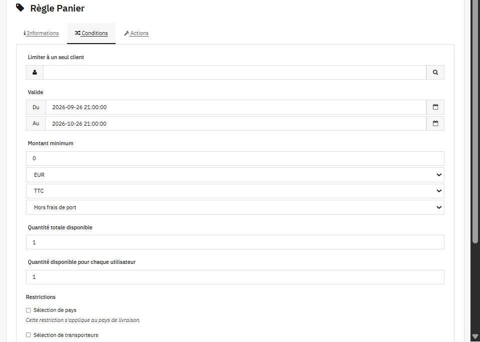 Onglet Conditions d’une règle panier PrestaShop 9 : client, dates de validité, montant minimum, quantités, restrictions
