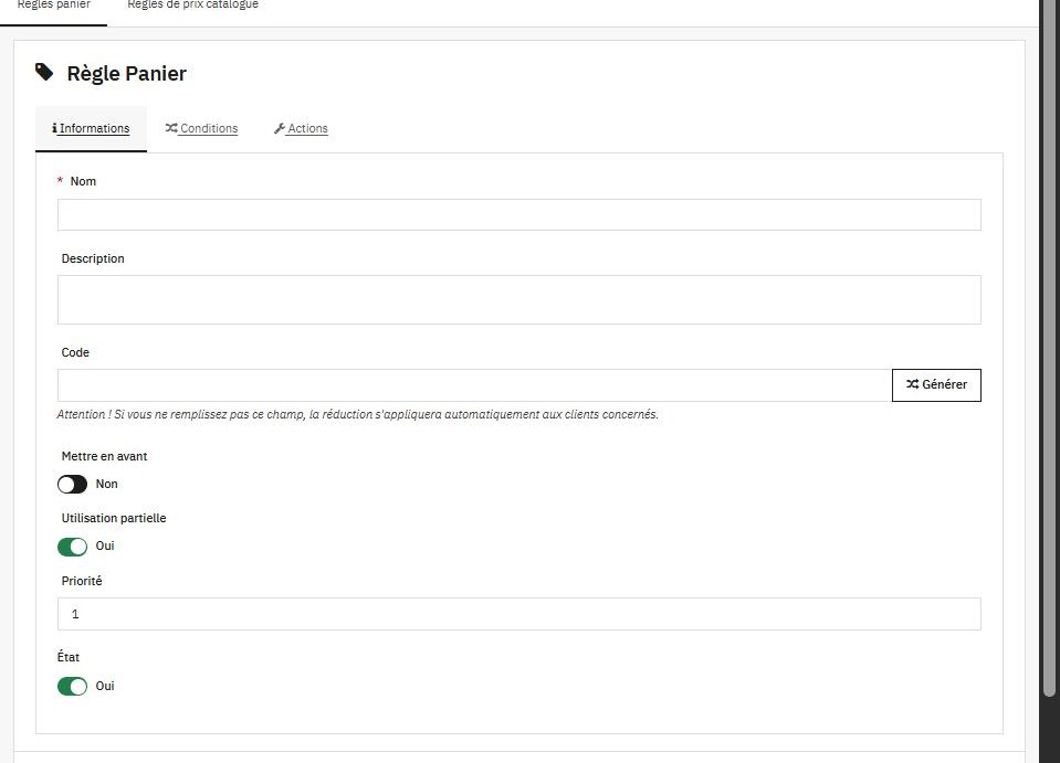 Formulaire de création d’une règle panier dans PrestaShop 9 : onglets Informations, Conditions, Actions, champ Code