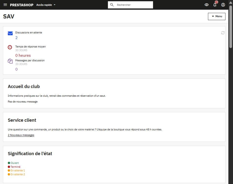 Page SAV de PrestaShop 9 : discussions en attente, contacts Accueil du club et Service client, signification des états