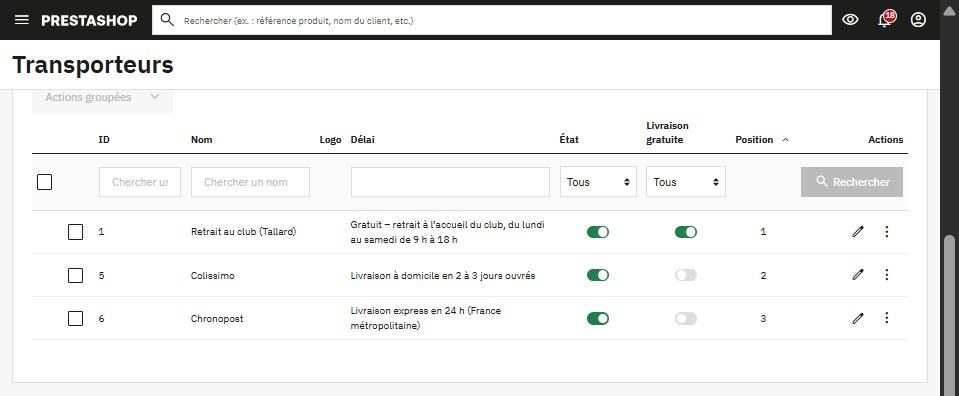 Liste des transporteurs dans PrestaShop 9 (Livraison > Transporteurs) : retrait au club, Colissimo, Chronopost