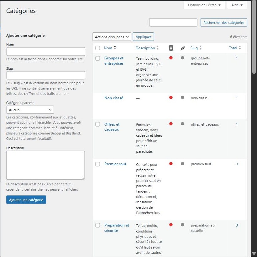 Écran Articles > Catégories de WordPress : formulaire Ajouter une catégorie (nom, slug, parent, description) et liste des catégories