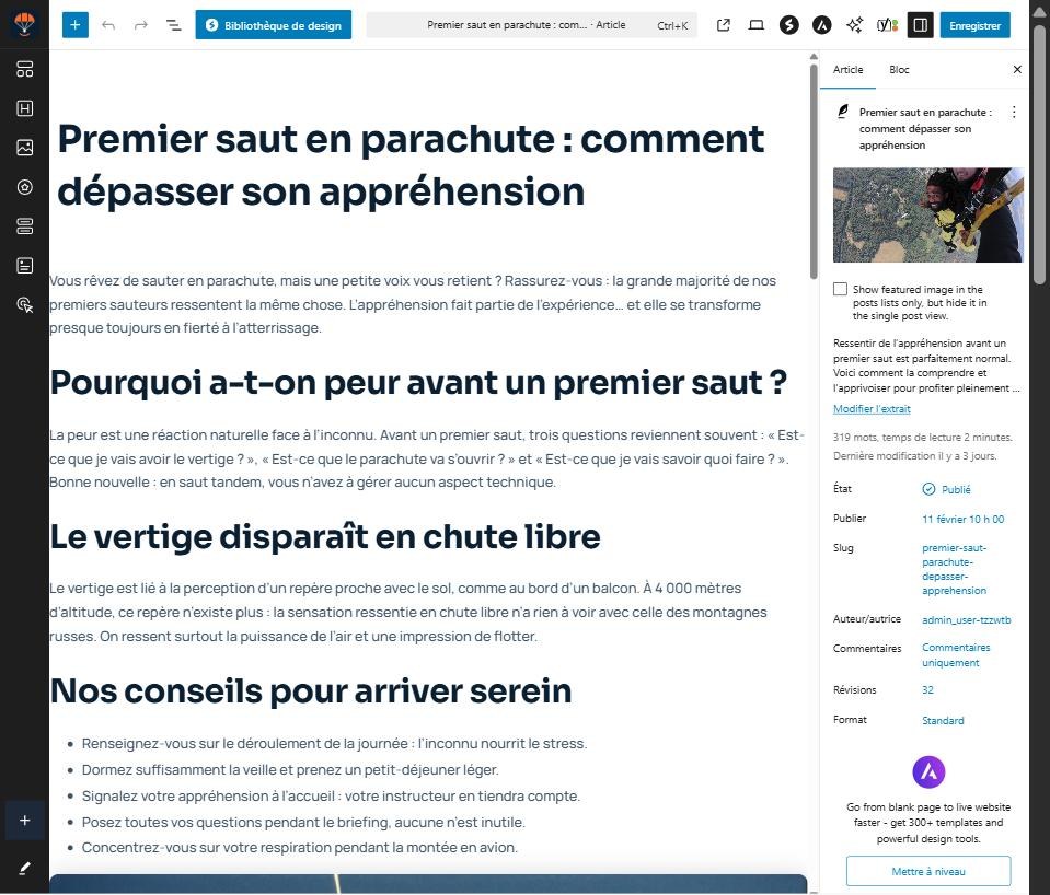 Éditeur de blocs WordPress : titre, sous-titres H2, liste et panneau Article
