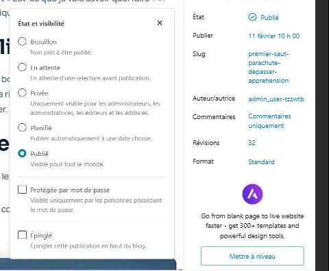 Panneau État et visibilité de WordPress : brouillon, en attente, privée, planifié, publié, protégé par mot de passe et case Épinglé