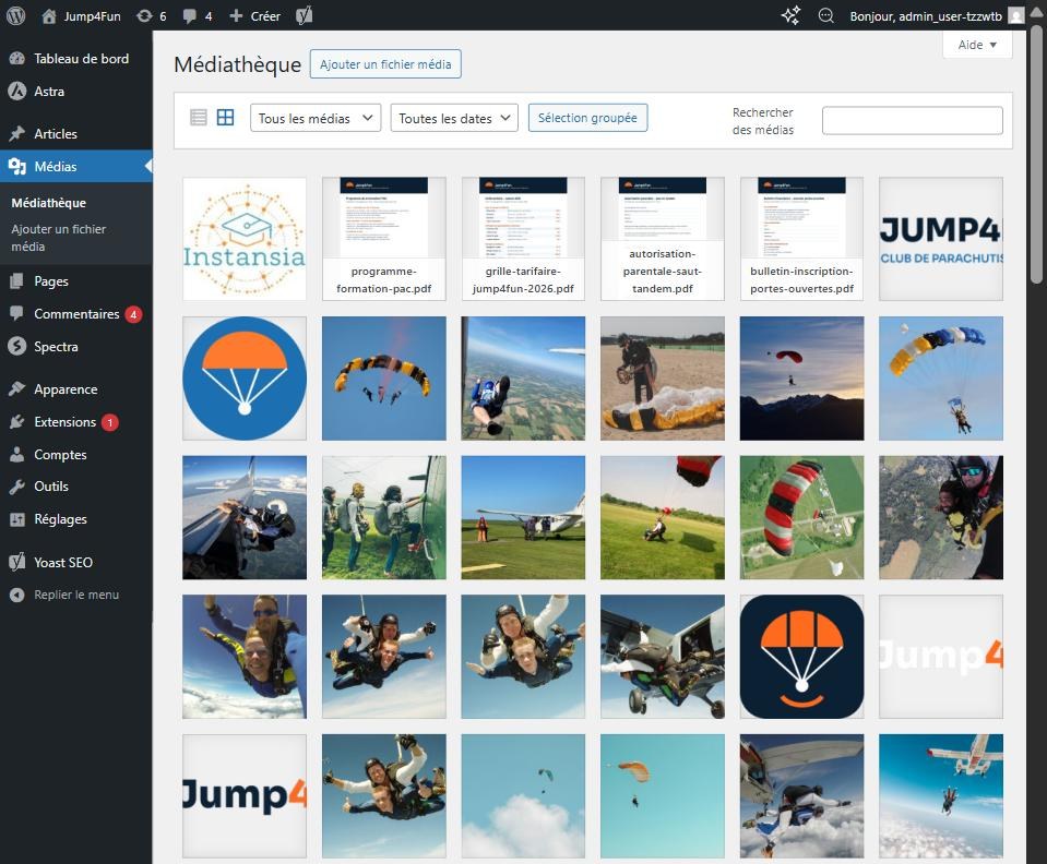 Médiathèque WordPress en vue grille : images et documents PDF du site Jump4Fun