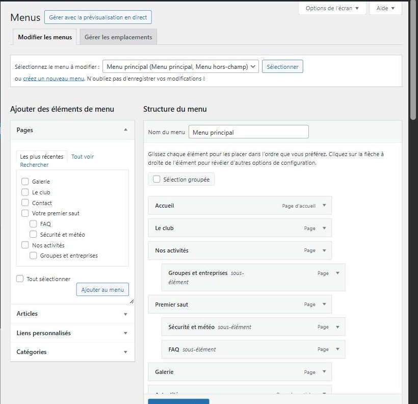 Écran Apparence > Menus de WordPress : structure du menu principal avec pages et sous-éléments