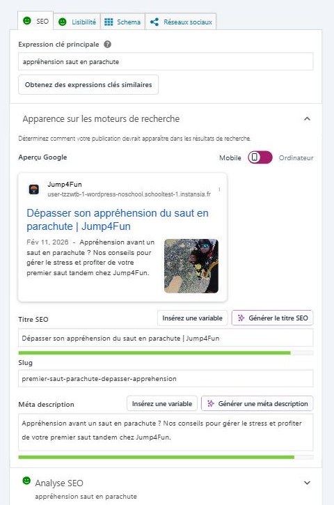 Metabox Yoast SEO : expression clé, aperçu Google, titre SEO, slug et méta description