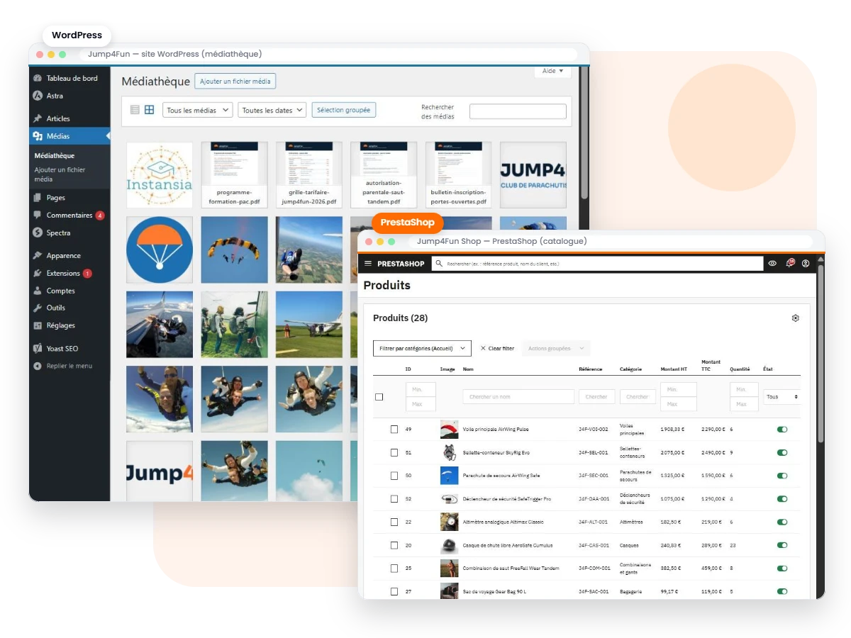 Deux sites d’entraînement déployés par Instansia : le back-office WordPress et le catalogue PrestaShop de la boutique fictive Jump4Fun