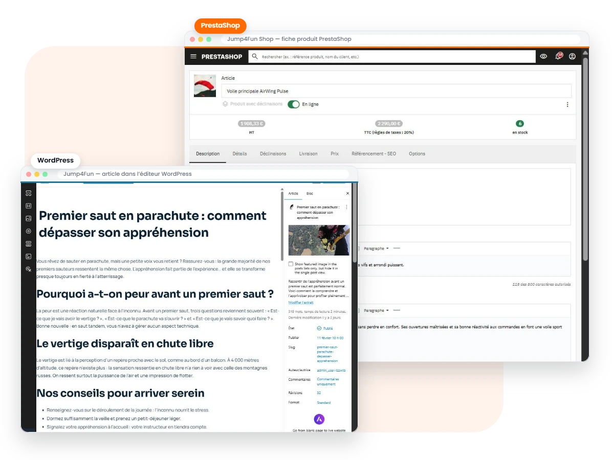 Ce que manipulent les apprenants sur Instansia : une fiche produit dans le back-office PrestaShop et un article dans l’éditeur WordPress (site fictif Jump4Fun)