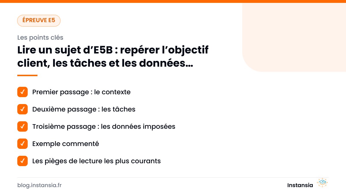 Lire un sujet e5b : les points clés — Lire un sujet d’E5B : repérer l’objectif client, les tâches et les données imposées